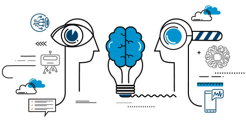 Two persons are looking at the brain that symbolizes a deep neural network connected to smart devices